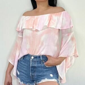 Pink Orange Tie Dye Boho Ruffle Off The Shoulder Guaze Top Small